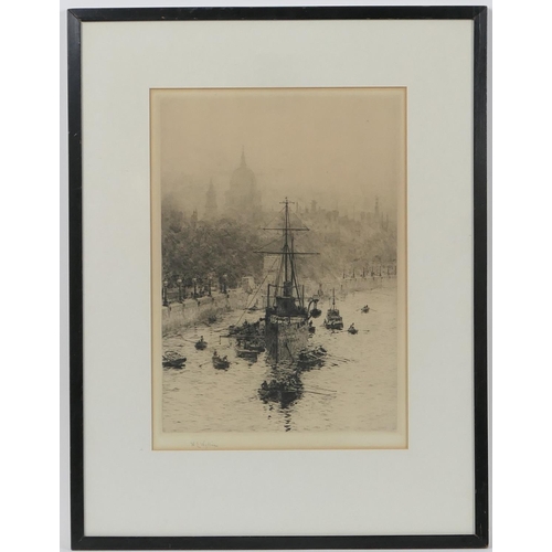 303 - William Lionel Wyllie (1851-1931), HMS President anchored on the Thames, with St. Paul's beyond, etc... 