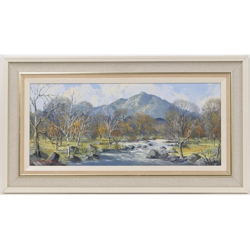 308 - Charles Wyatt Warren (1908-93), The Glaslyn, near Nant Gwynant, signed oil on board, 24cm x 54cm