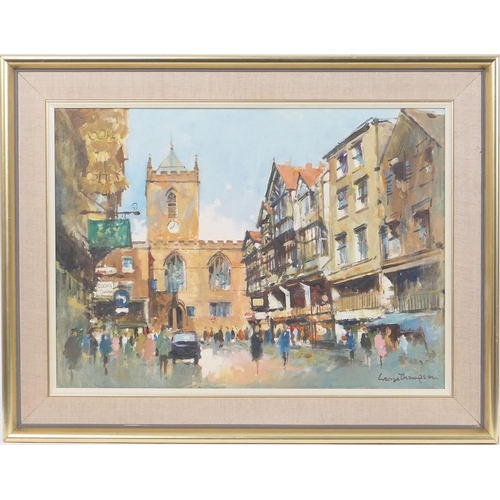 318 - George Thompson (1934-2009), St. Peter's Church, The Cross, Chester, signed oil on canvas, dated 197... 