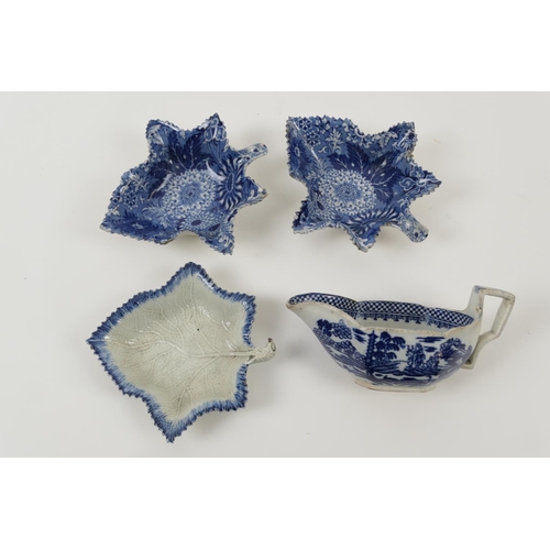 48 - Leeds Pottery pearlware leaf pickle dish, circa 1800, 12.5cm; also a pair of transfer printed leaf p... 