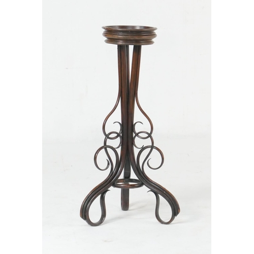 625 - Austrian bentwood jardiniere stand, attributed to Thonet, the dished top over three bentwood bracket... 