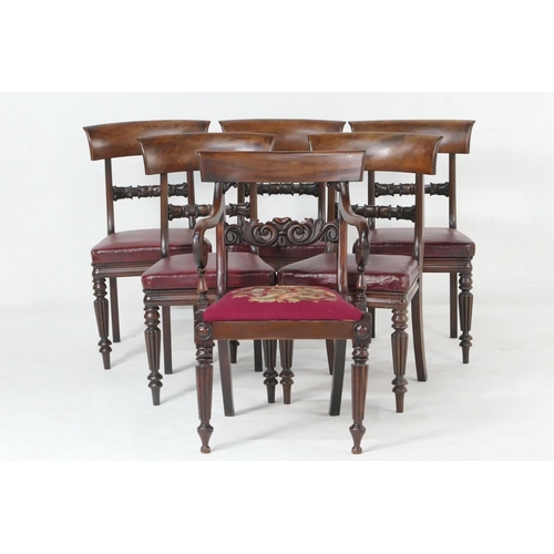 626 - Set of five George IV mahogany dining chairs, circa 1825-30, each with curved top rail and carved ce... 