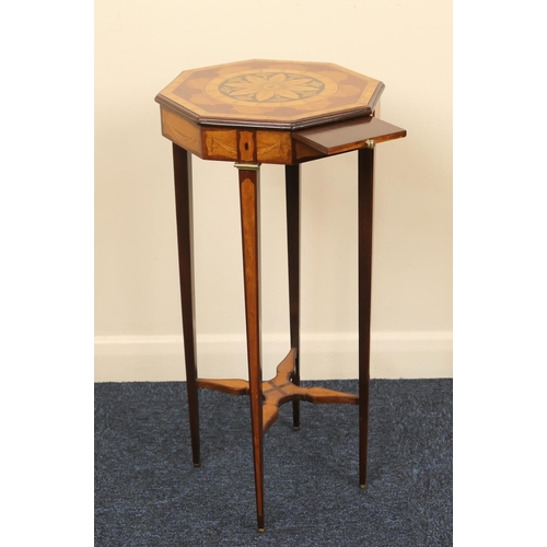 630 - Sheraton Revival mahogany and marquetry kettle stand, octagonal top centred with a flowerhead and se... 