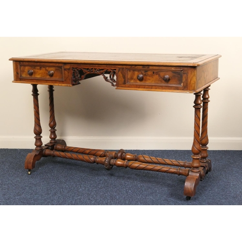 636 - Victorian burr walnut kneehole writing table, with tooled leather inset top, over a fretwork kneehol... 