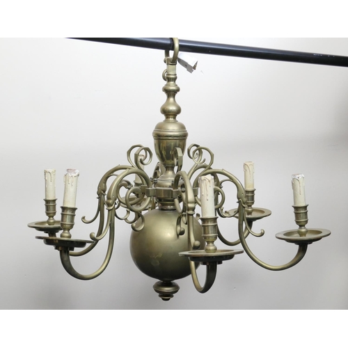 637 - Dutch brass six branch chandelier, 73cm drop, 81cm diameter