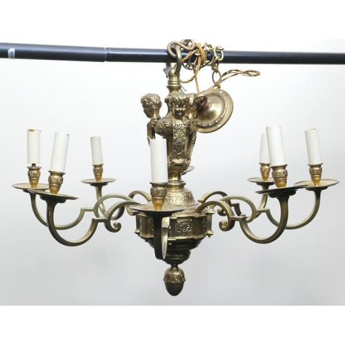 638 - French cast brass eight branch chandelier, cast with three terms suspended beneath a chain, the drop... 