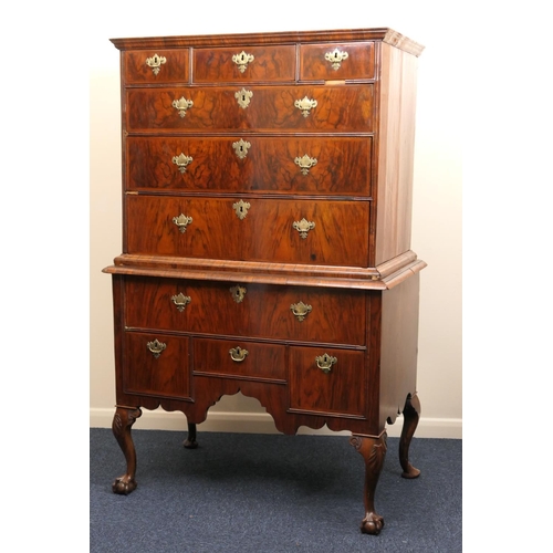 639 - Walnut chest on stand, early 18th Century and later, the top with moulded cornice over three short a... 