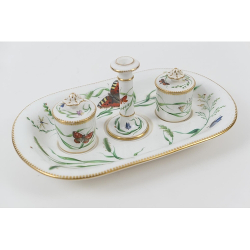 64 - Worcester china inkstand, circa 1852-62, decorated throughout with indigenous butterflies, the stand... 