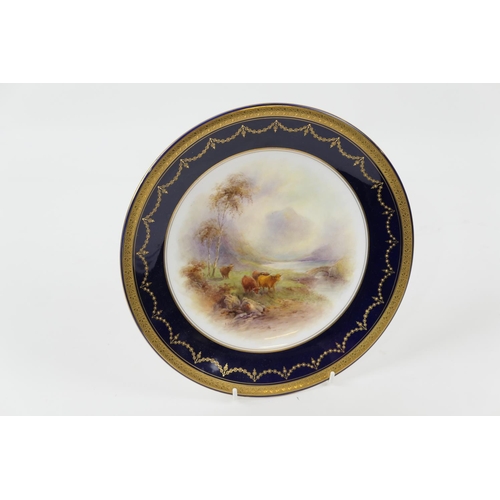 65 - Royal Worcester plate by James Stinton, dated 1926, decorated with highland cattle, within a deep co... 