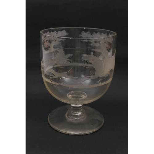 74 - Victorian engraved fox hunting goblet, height 17cm