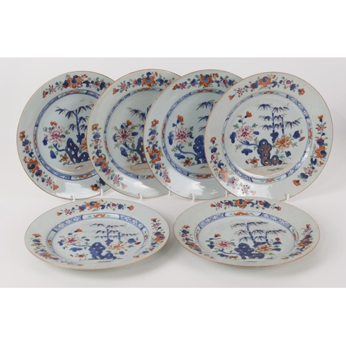 76 - Six Chinese imari  porcelain plates, Qianlong (1736-95), decorated with peony rock and bamboo, 23cm ... 