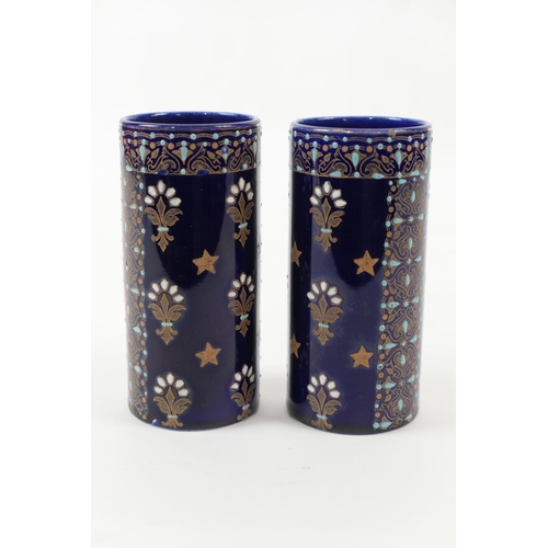 91 - Pair of French blue and enamel jewelled cylinder vases, marked 'BFK', height 12.5cm