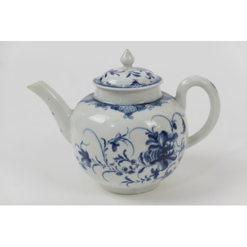 94 - Worcester Mansfield pattern blue and white bullet shaped teapot and cover, circa 1770, open crescent... 