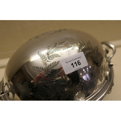 116 - Late Victorian silver plated bacon dish, decorated with fern leaf and ivy and with domed cover, rais... 