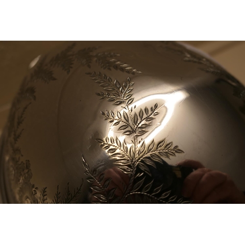 116 - Late Victorian silver plated bacon dish, decorated with fern leaf and ivy and with domed cover, rais... 