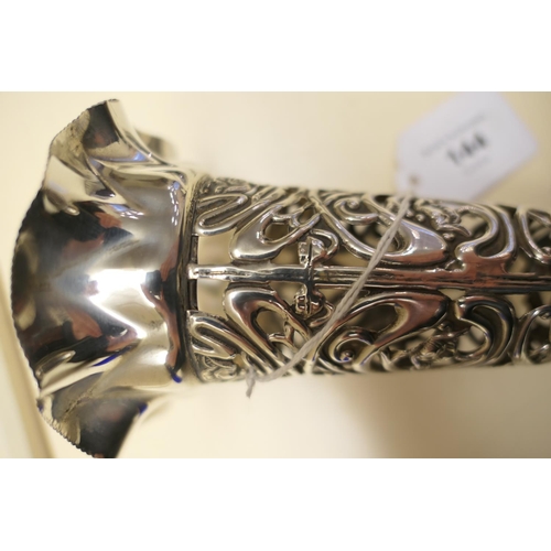 144 - Edwardian silver specimen vase, by Nathan & Hayes, Chester 1905, pierced trumpet form worked in Art ... 