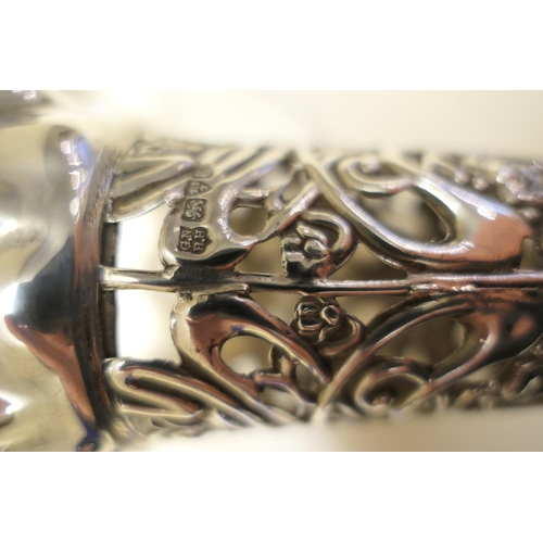 144 - Edwardian silver specimen vase, by Nathan & Hayes, Chester 1905, pierced trumpet form worked in Art ... 