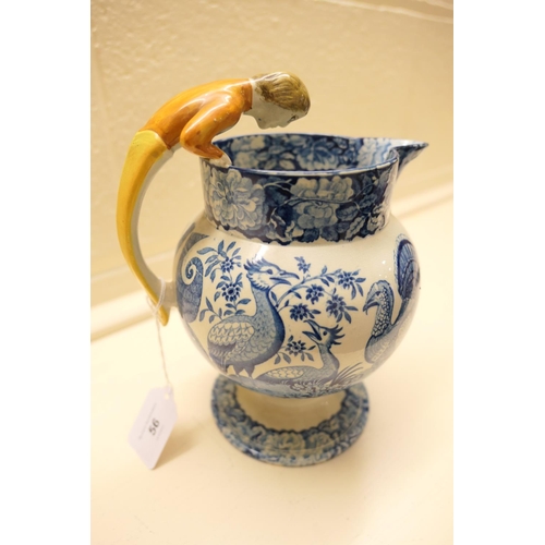 56 - Unusual blue and white transfer printed surprise jug, circa 1820, printed with bush turkeys, bordere... 