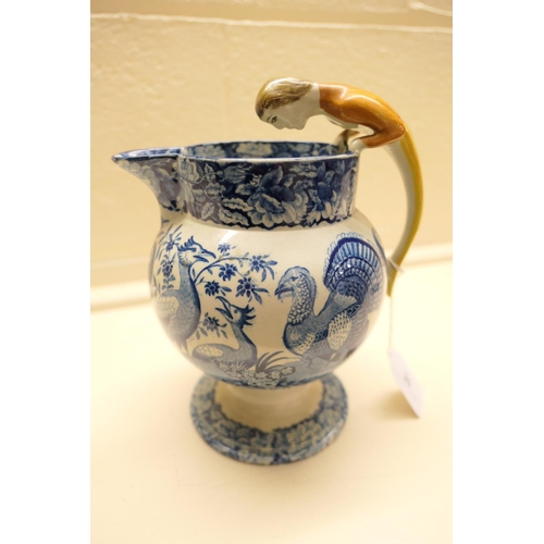 56 - Unusual blue and white transfer printed surprise jug, circa 1820, printed with bush turkeys, bordere... 