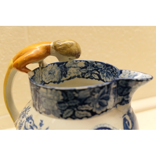 56 - Unusual blue and white transfer printed surprise jug, circa 1820, printed with bush turkeys, bordere... 