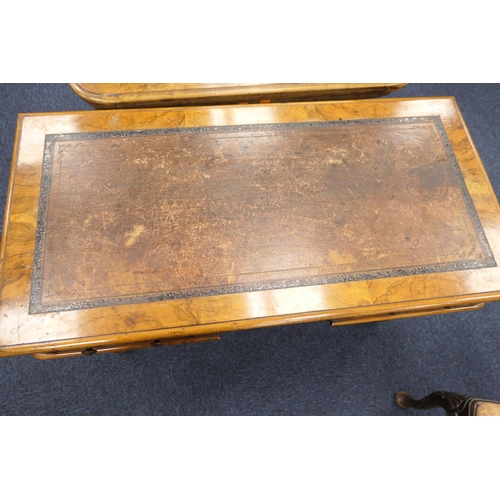 636 - Victorian burr walnut kneehole writing table, with tooled leather inset top, over a fretwork kneehol... 