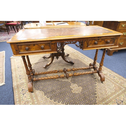 636 - Victorian burr walnut kneehole writing table, with tooled leather inset top, over a fretwork kneehol... 