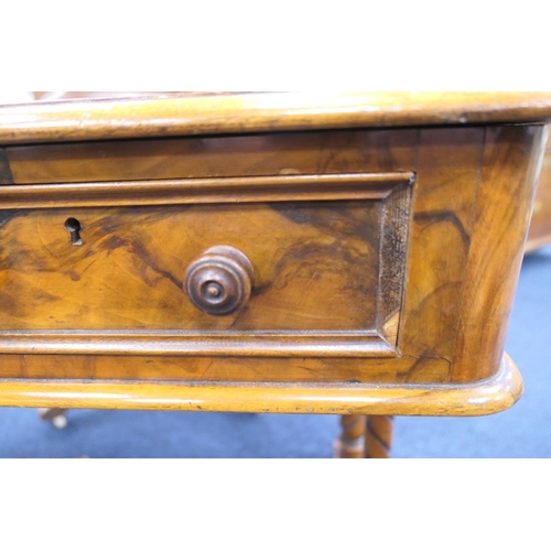 636 - Victorian burr walnut kneehole writing table, with tooled leather inset top, over a fretwork kneehol... 