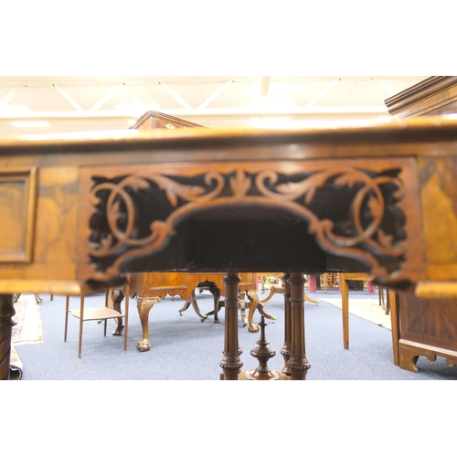 636 - Victorian burr walnut kneehole writing table, with tooled leather inset top, over a fretwork kneehol... 