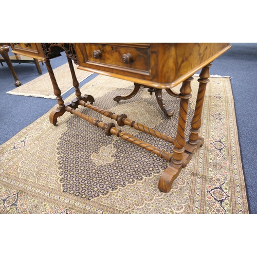 636 - Victorian burr walnut kneehole writing table, with tooled leather inset top, over a fretwork kneehol... 