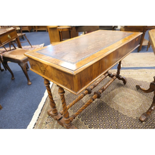 636 - Victorian burr walnut kneehole writing table, with tooled leather inset top, over a fretwork kneehol... 