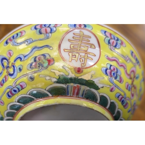 17 - Chinese yellow ground saucer dish, 20th Century, decorated with calligraphic medallions against a ye... 