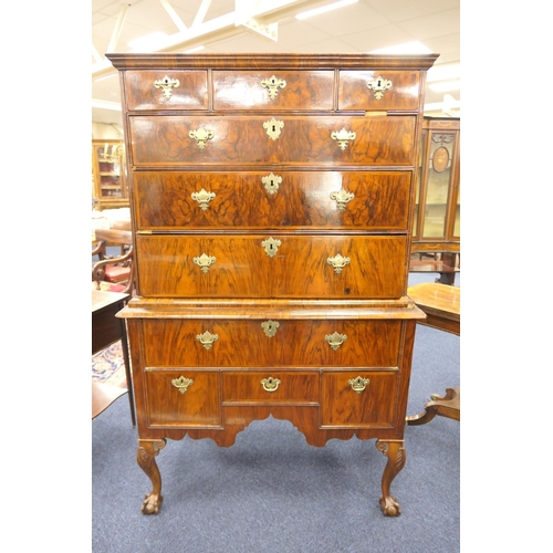 639 - Walnut chest on stand, early 18th Century and later, the top with moulded cornice over three short a... 