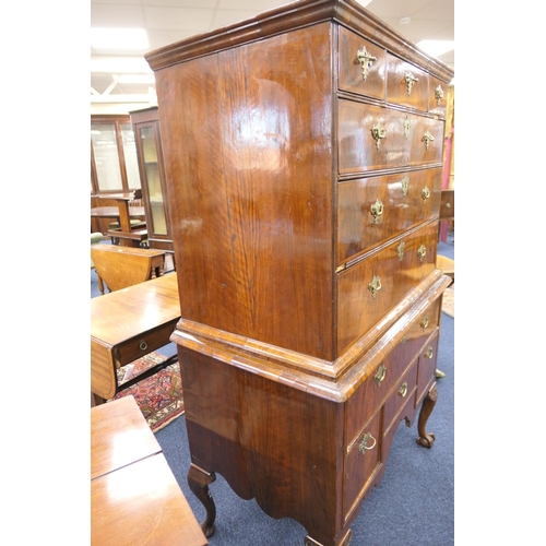 639 - Walnut chest on stand, early 18th Century and later, the top with moulded cornice over three short a... 