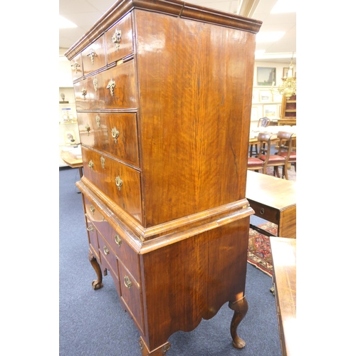 639 - Walnut chest on stand, early 18th Century and later, the top with moulded cornice over three short a... 