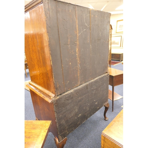 639 - Walnut chest on stand, early 18th Century and later, the top with moulded cornice over three short a... 