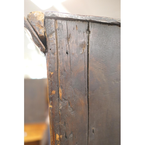 639 - Walnut chest on stand, early 18th Century and later, the top with moulded cornice over three short a... 