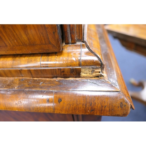 639 - Walnut chest on stand, early 18th Century and later, the top with moulded cornice over three short a... 