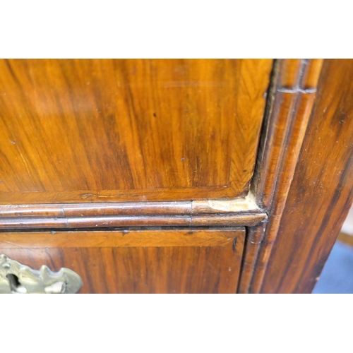 639 - Walnut chest on stand, early 18th Century and later, the top with moulded cornice over three short a... 