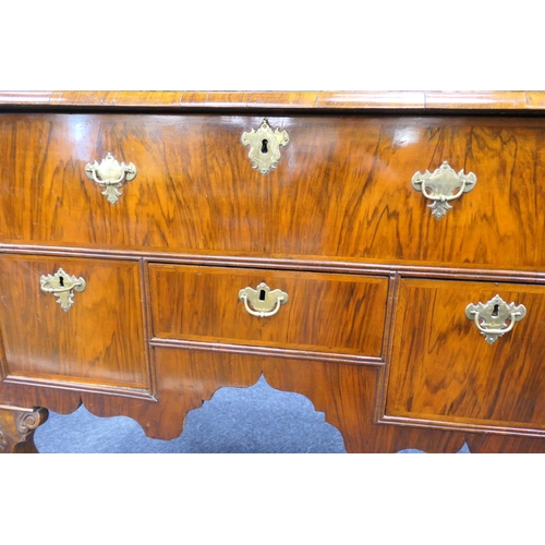 639 - Walnut chest on stand, early 18th Century and later, the top with moulded cornice over three short a... 