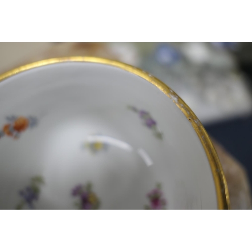 43 - Meissen porcelain covered bowl, with a gilded bud finial, decorated with pendant flowers falling fro... 