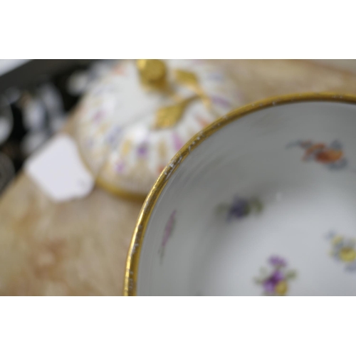 43 - Meissen porcelain covered bowl, with a gilded bud finial, decorated with pendant flowers falling fro... 