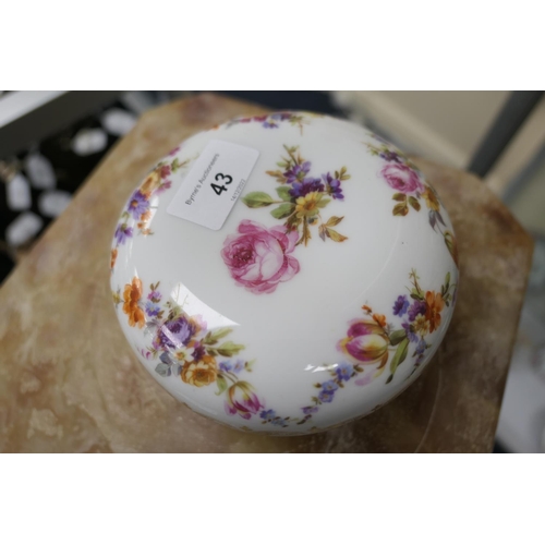 43 - Meissen porcelain covered bowl, with a gilded bud finial, decorated with pendant flowers falling fro... 