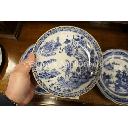 5 - Three Chinese blue and white plates, late 18th Century, decorated with a pagoda landscape design wit... 