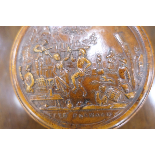 390 - Pressed burr wood circular snuff box, 19th Century, the cover decorated with a scene of revellers, t... 