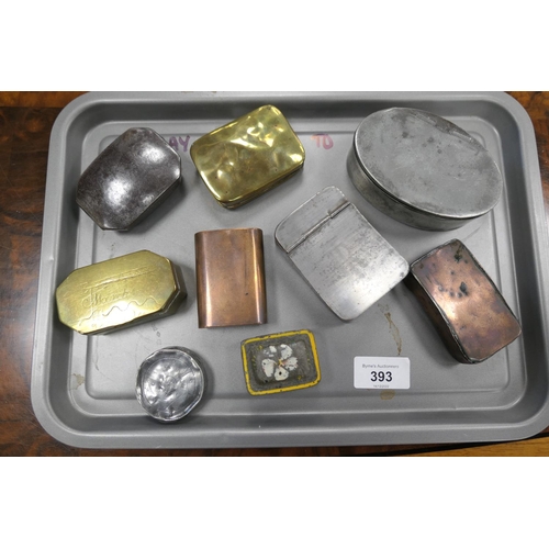 393 - Nine metal snuff boxes, including a brass canted rectangular box inscribed 'March 1819', 7.5cm x 4.5... 