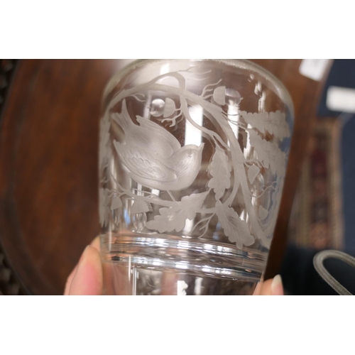 75 - Unusual engraved glass vase, of bucket shape and engraved with birds amidst the branches of oak tree... 