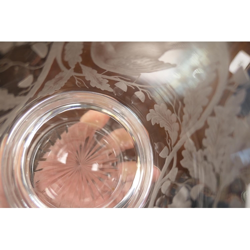 75 - Unusual engraved glass vase, of bucket shape and engraved with birds amidst the branches of oak tree... 