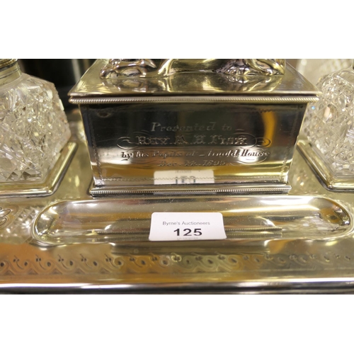 125 - Late Victorian silver plated presentation inkstand, circa 1895, shaped rectangular stand supporting ... 