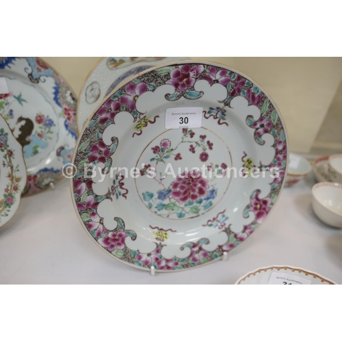 30 - Five Chinese famille rose plates, all 18th Century, including an armorial plate, 22.5cm; Mandarin st... 