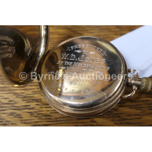 244 - Waltham 9ct gold cased hunter pocket watch, the outer case engraved with a monogram, white dial with... 